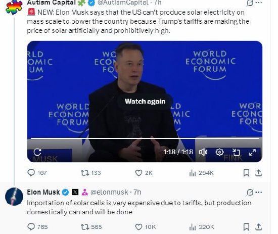 马斯克称特朗普关税人为抬高了美国太阳能发电